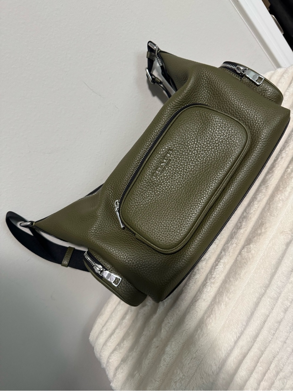 Coach Olive green Finn crossbody Pebbled Leather with Silver Hardware